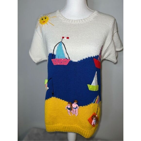 VINTAGE Crochet Short Sleeve Knit 3D Sweater - Picture 1 of 10